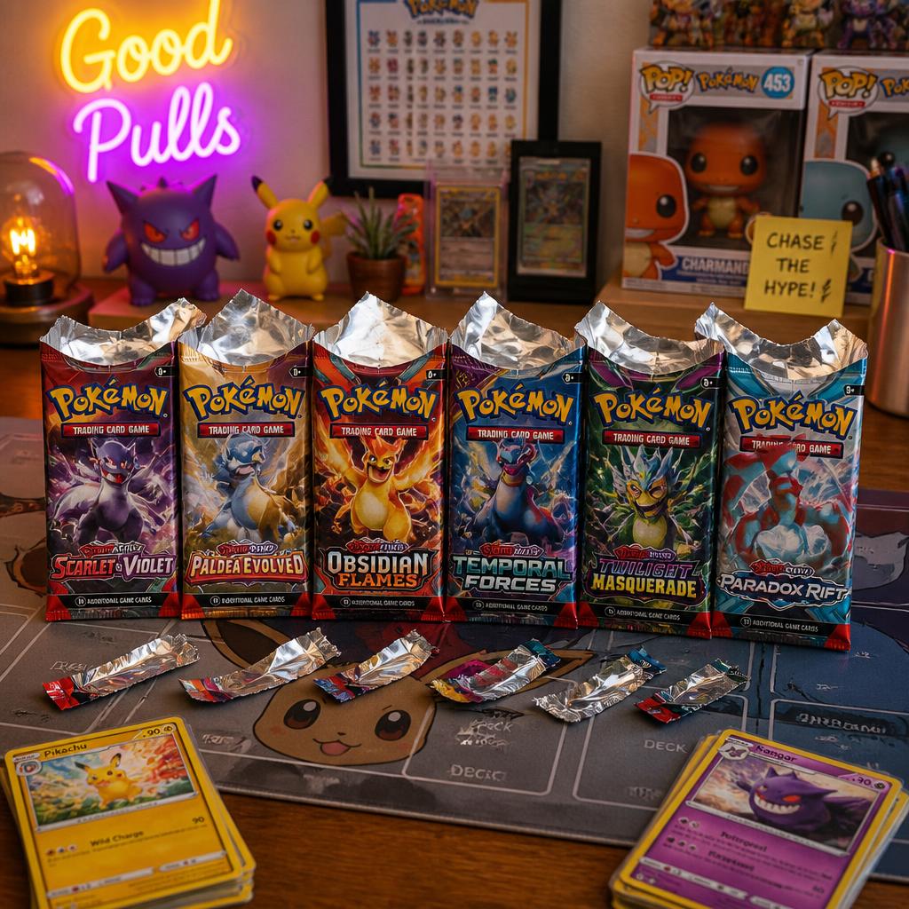 Row of freshly opened booster packs on a collector desk