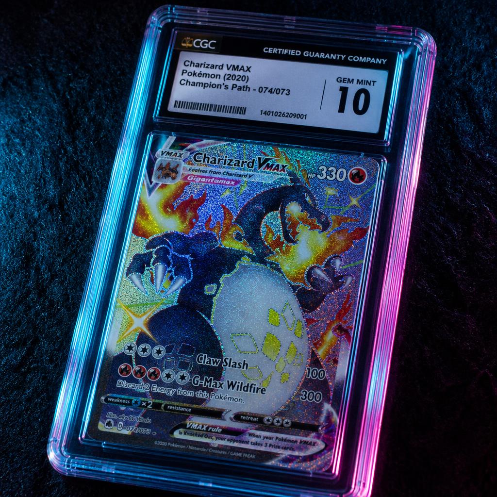 Close-up of a graded trading card under cyan rim light