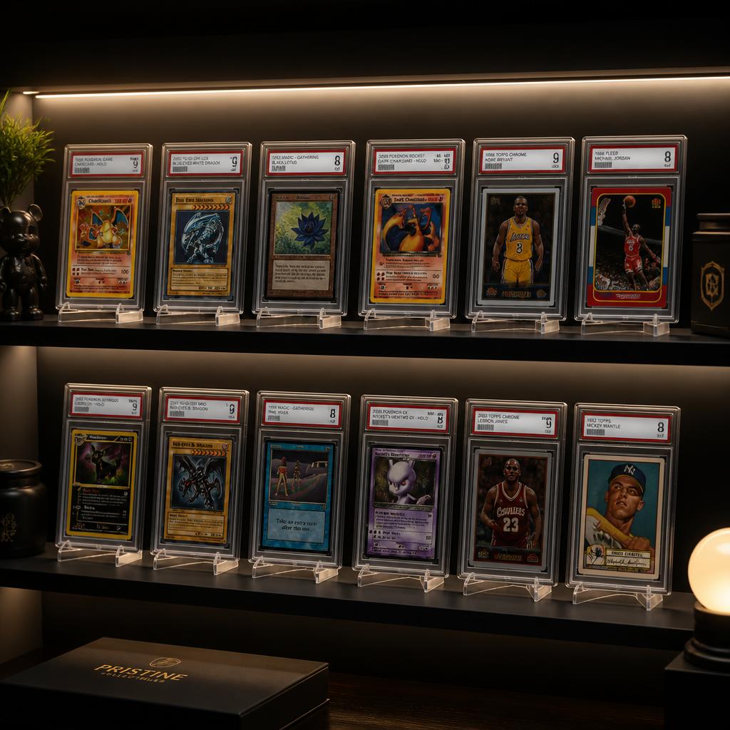 Collectible graded slabs displayed on a shelf